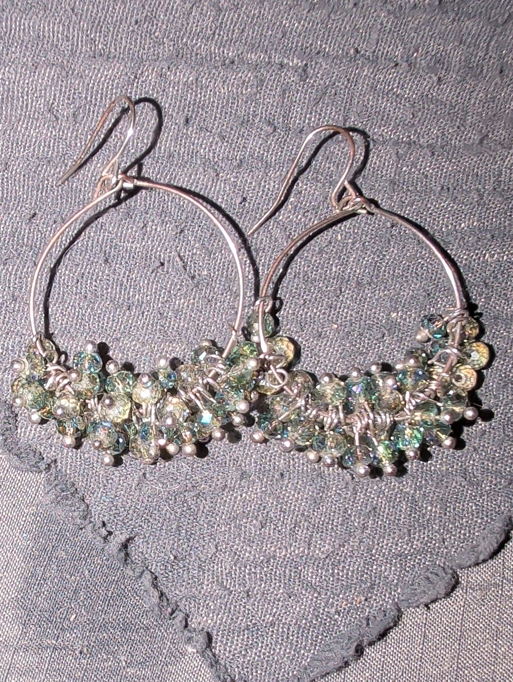 Silver Hoop Earrings with Green Crystal Cluster Accents